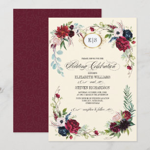 Burgundy Navy Blue Floral Watercolor Wedding Invitation