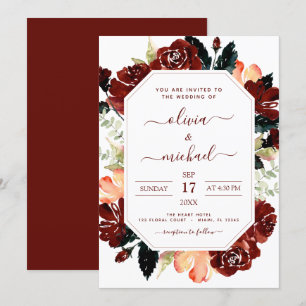Burgundy Navy Blue Floral Wedding Elegant Modern Invitation