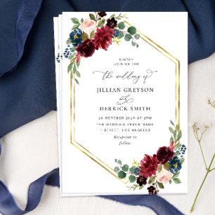 Burgundy navy blue floral wedding invitation