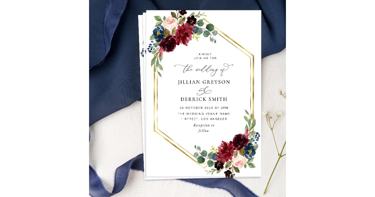 Burgundy navy blue floral wedding invitation | Zazzle