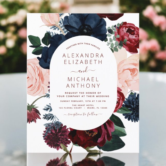 Burgundy Navy Blue Floral Wedding Invitation (Creator Uploaded)