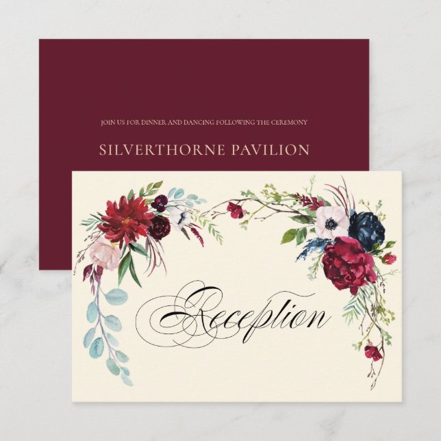 Burgundy | Navy Blue Floral Wedding Reception Card (Front/Back)