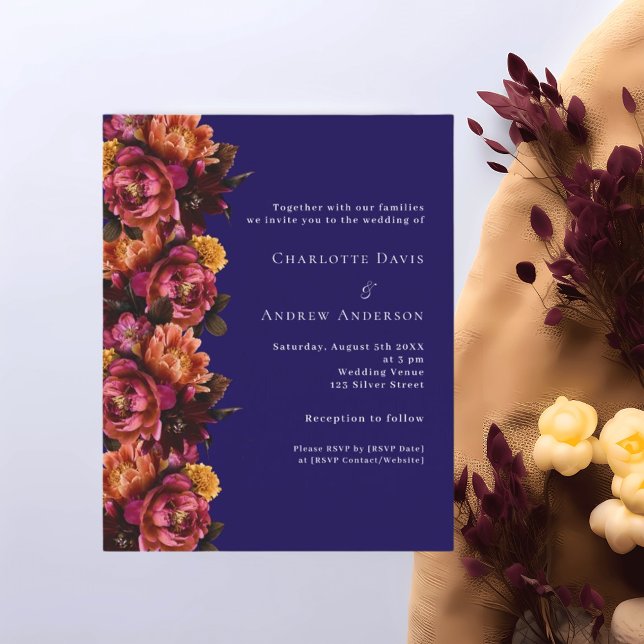 Burgundy navy blue floral wedding RSVP invitation (Creator Uploaded)