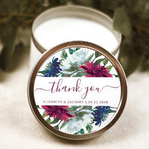 Burgundy Navy Blue Floral Wedding Thank You Classic Round Sticker
