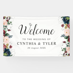 burgundy navy blue floral welcome wedding banner