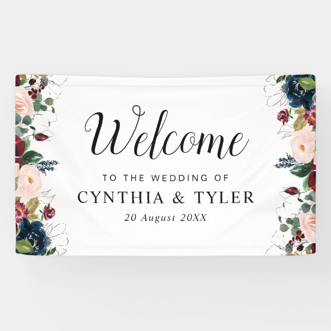 burgundy navy blue floral welcome wedding banner (Horizontal)