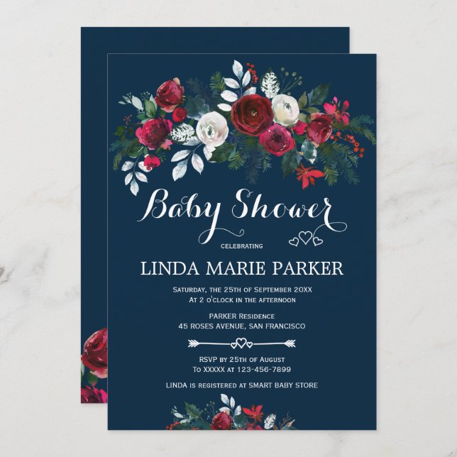 Burgundy navy blue floral winter baby shower invitation (Front/Back)
