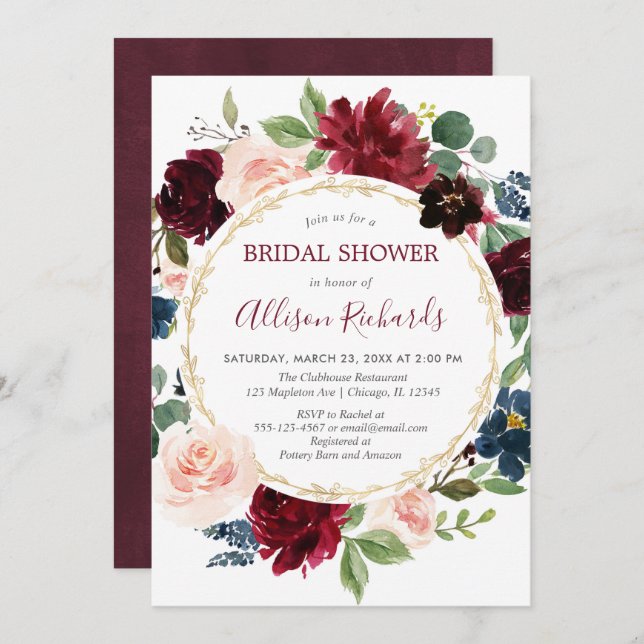 Burgundy navy blue floral wreath bridal shower invitation (Front/Back)