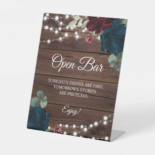 Burgundy & Navy Blue Flower Open Bar Sign