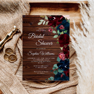 Burgundy & Navy Blue Flowers Wood Bridal Shower Invitation