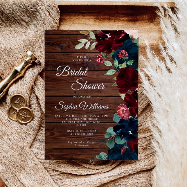 Burgundy & Navy Blue Flowers Wood Bridal Shower Invitation (Creator Uploaded)