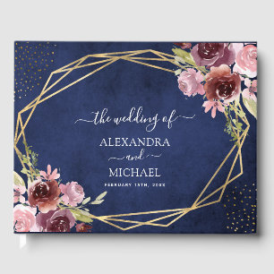 Burgundy Navy Blue Geometric Floral Wedding Guest Book
