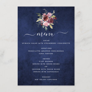 Burgundy Navy Blue Geometric Floral Wedding Menu