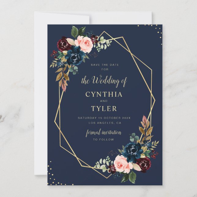 burgundy & navy blue geometric save the date invitation (Front)