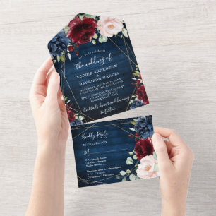 Burgundy Navy Blue Gold Blush Pink Country Wedding All In One Invitation