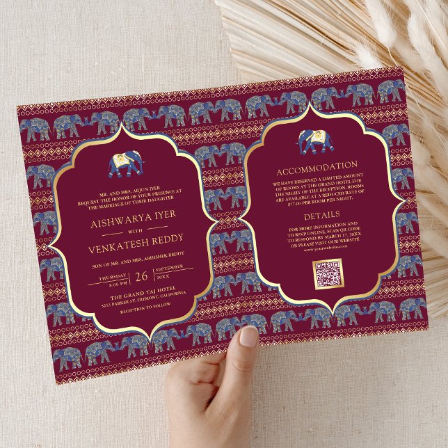 Burgundy Navy Blue Gold Elephant Indian Wedding Invitation (Creator Uploaded)