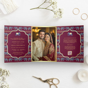 Burgundy Navy Blue Gold Elephant Indian Wedding Tri-Fold Invitation