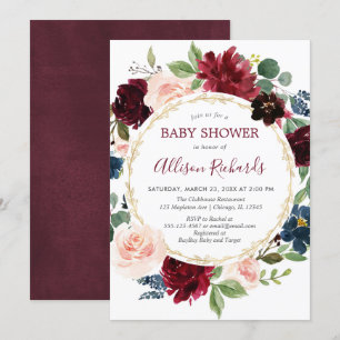 Burgundy navy blue gold floral wreath baby shower invitation