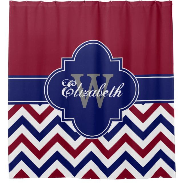 Burgundy Navy Blue LG Chevron 1ICBR Name Monogram Shower Curtain (Front)