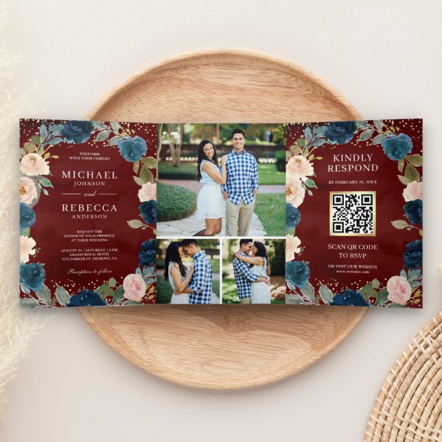 Burgundy Navy Blue Peach Floral QR Code Wedding Tri-Fold Invitation (Creator Uploaded)