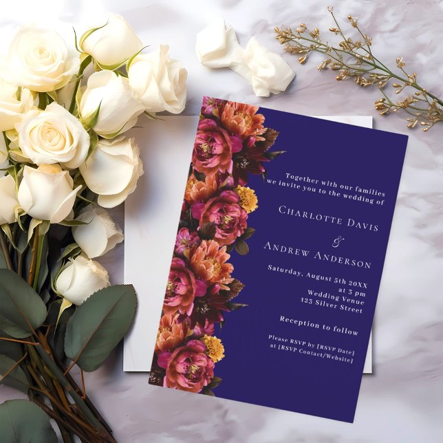 Burgundy navy blue peach floral wedding RSVP Invitation (Creator Uploaded)