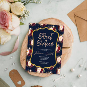 Burgundy Navy Blue Peony Floral 16th Birthday Invitation