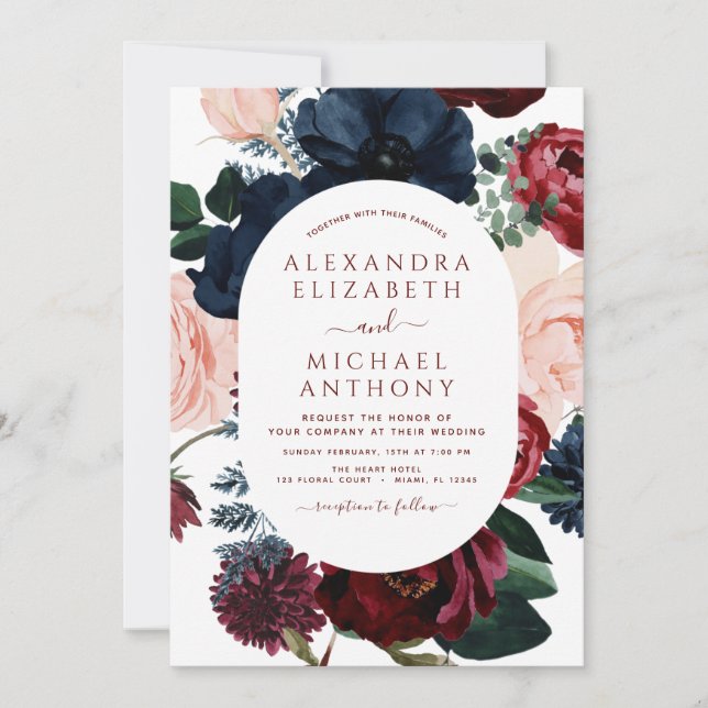 Burgundy Navy Blue Photo Floral Eucalyptus Wedding Invitation (Front)