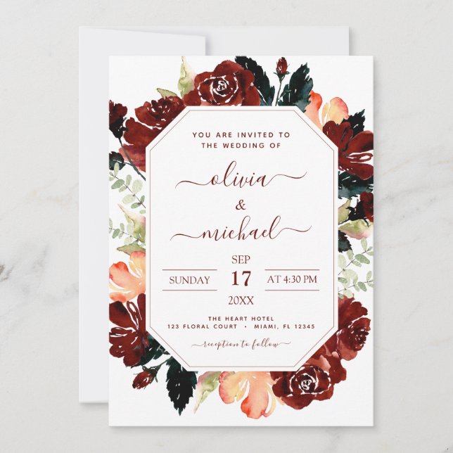 Burgundy Navy Blue Photo Floral Wedding Elegant Invitation (Front)
