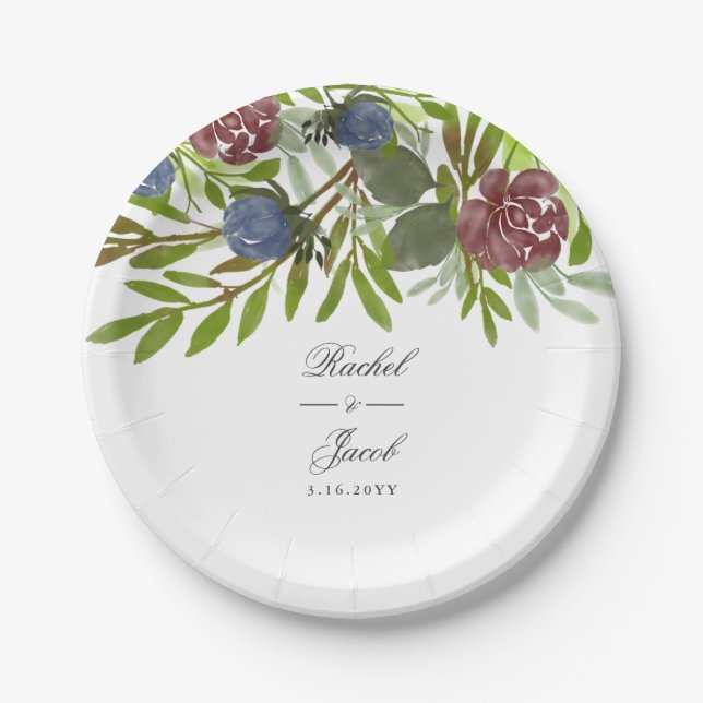 Burgundy & Navy Blue Watercolor Floral Wedding Paper Plate (Front)