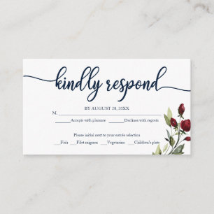 Burgundy Navy Blue Watercolor Floral Wedding RSVP Enclosure Card