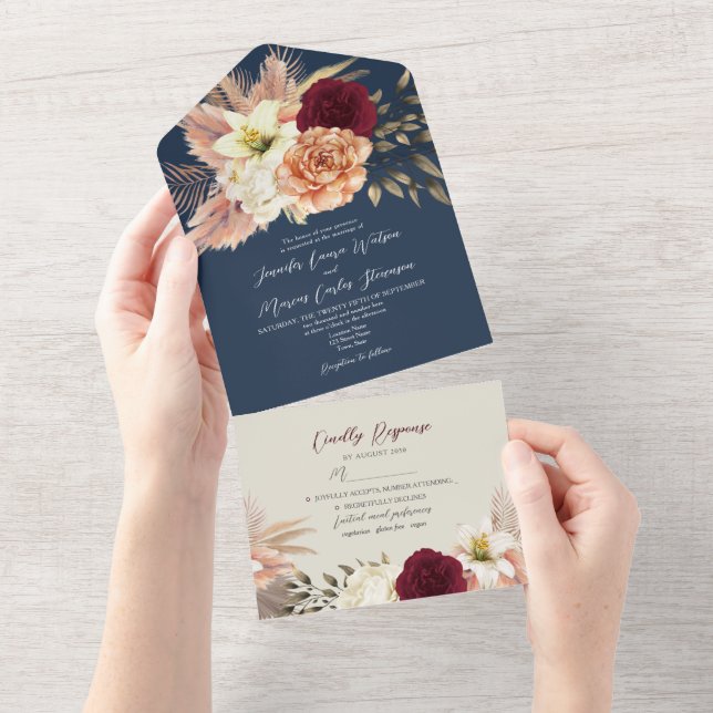 Burgundy Navy Blue Wedding All In One Invitation (Tearaway)