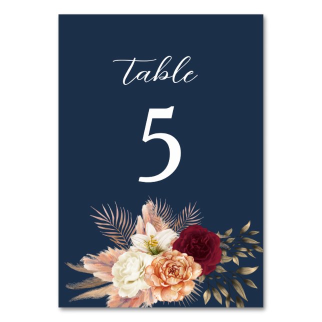 Burgundy Navy Blue Wedding Table Number (Front)