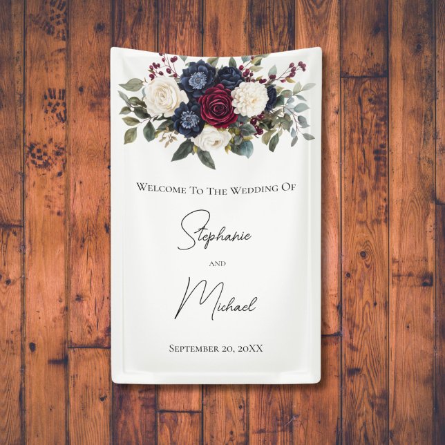 Burgundy Navy Blue White Floral Elegant Wedding Banner (Burgundy Navy Blue Cream White Floral Wedding Banner Tapestry. )