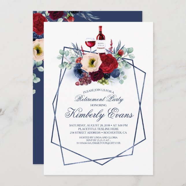 Burgundy Navy Blue Wine Tasting Retirement Party Invitation (Front/Back)