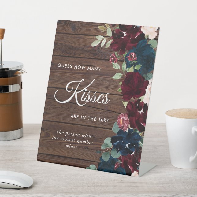 Burgundy & Navy Blue Wood How Many Kisses Sign (In SItu)