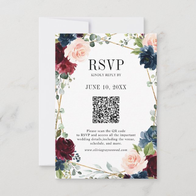 Burgundy Navy Blush Boho Geometric Wedding QR Code RSVP Card (Front)