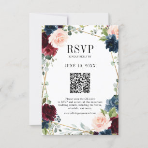 Burgundy Navy Blush Boho Geometric Wedding QR Code RSVP Card