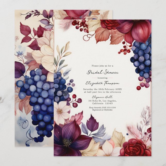 Burgundy, Navy & Blush Boho Wine Tasting Shower Invitation (Front/Back)