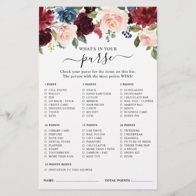 Burgundy Navy Blush Bridal Shower Game (Front)