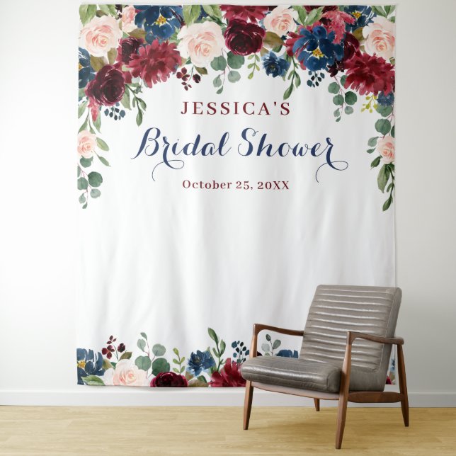 Burgundy Navy Blush Bridal Shower Photo Backdrop Tapestry (In Situ)
