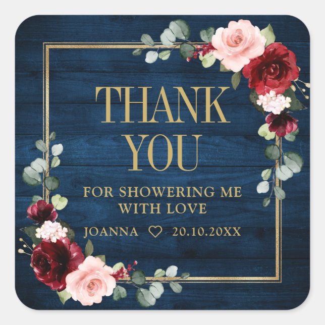 Burgundy Navy Blush Bridal Shower Thank Favour  Sq Square Sticker (Front)