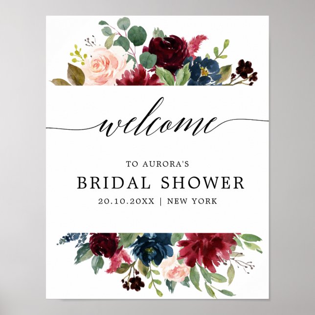 Burgundy Navy Blush Bridal Shower Welcome Poster (Front)
