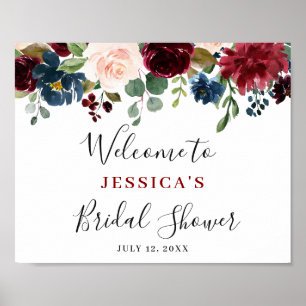 Burgundy Navy Blush Floral BRIDAL SHOWER Welcome Poster