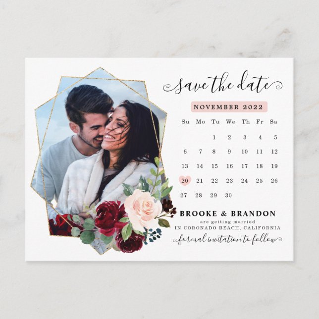 Burgundy Navy Blush Floral Calendar Save the Date  Postcard (Front)