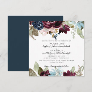 Burgundy Navy Blush Floral Elegant Foliage Wedding Invitation