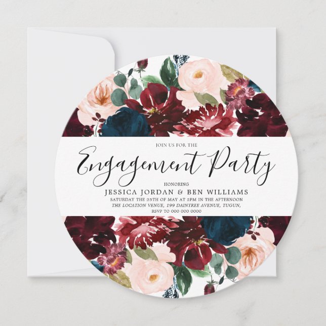 Burgundy Navy Blush Floral Engagement Party Invitation (Front)