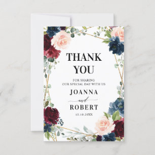 Burgundy Navy Blush Floral Geometric Photo Thank You Card