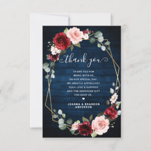 Burgundy Navy Blush Floral Geometric Photo Wedding Thank You Card