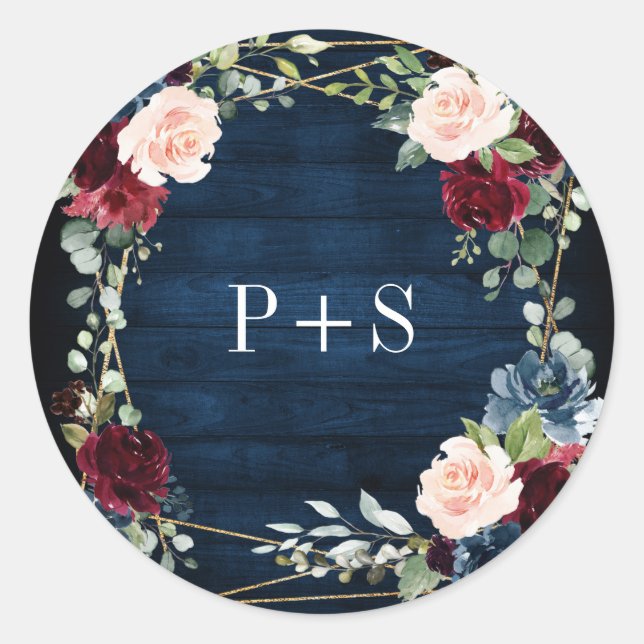 Burgundy Navy Blush Floral Geometric Wedding Classic Round Sticker (Front)
