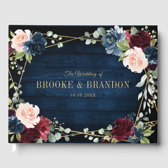 Burgundy Navy Blush Floral Geometric Wedding Guest Book (Front)
